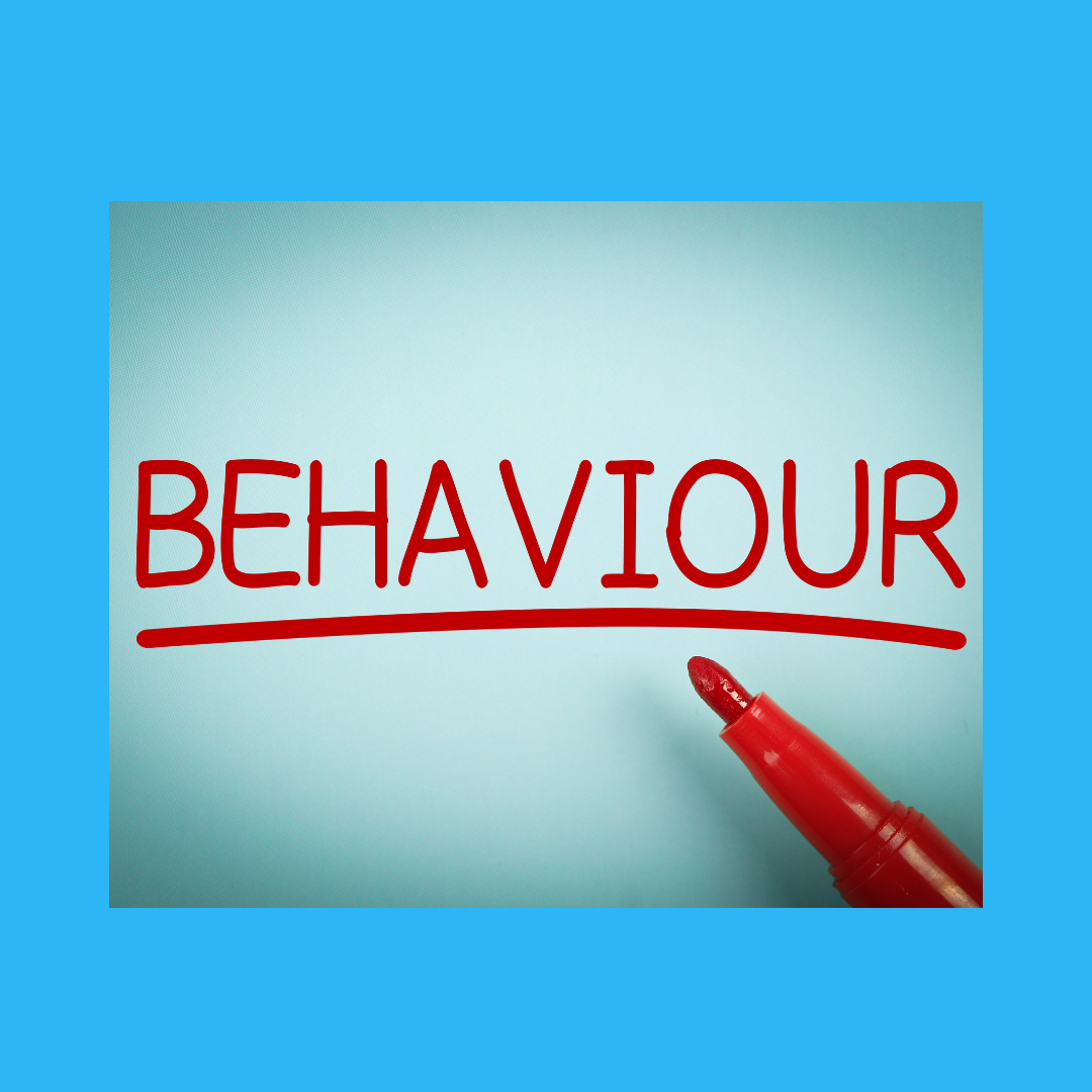 BLUE BACKGROUND WITH PHOTOGRAPH OF RED PEN WRITING THE WORDS BEHAVIOUR